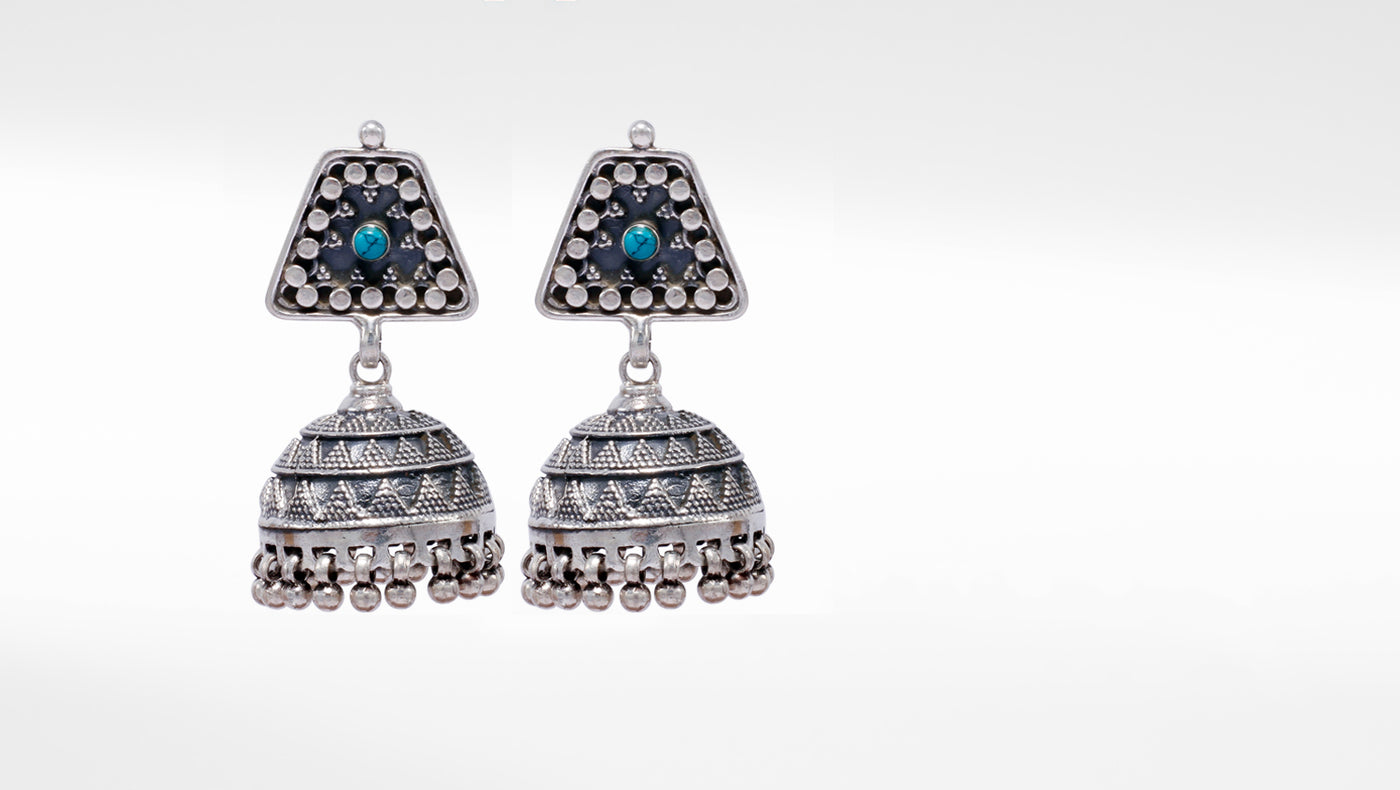Indian Ethnic Silver Earring Studded  With Firoza Stone