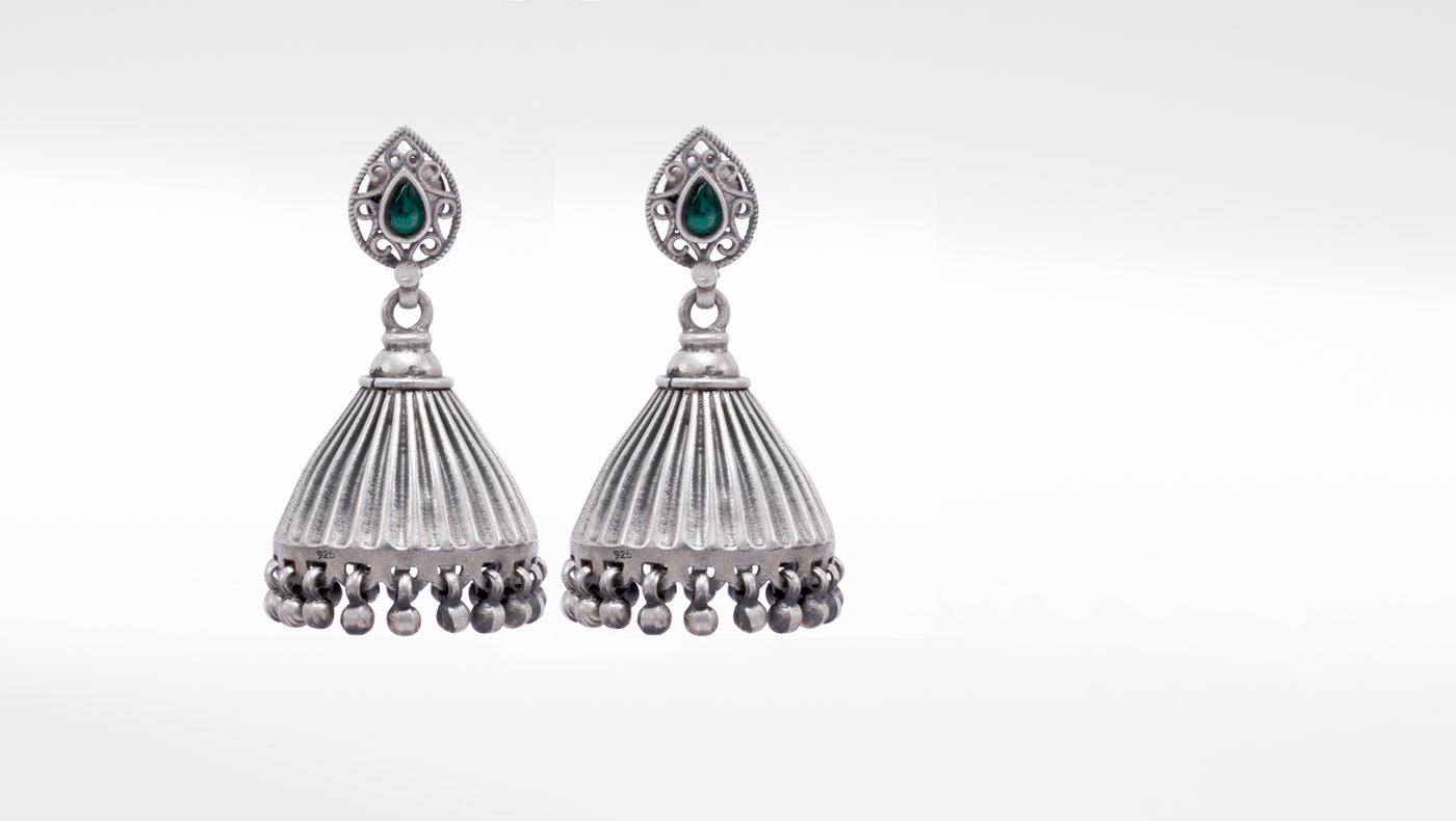 Emerald Studded Traditional Silver Jhumka