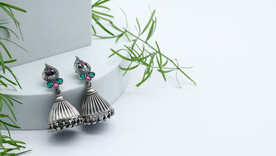 Most Attractive Gemstone Studded Dome Shaped  Silver Jhumka Earrings