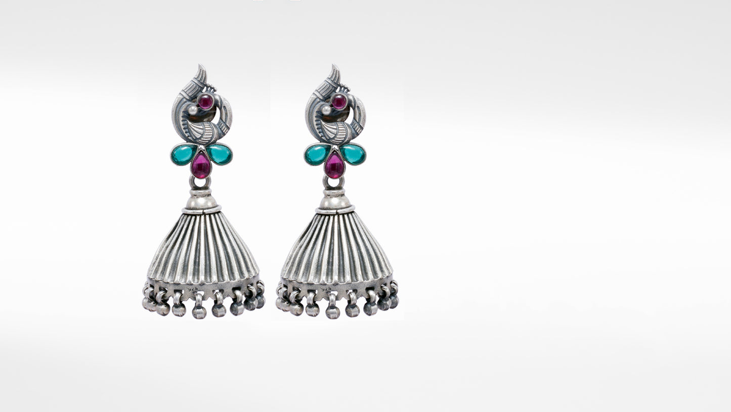 Most Attractive Gemstone Studded Dome Shaped  Silver Jhumka Earrings