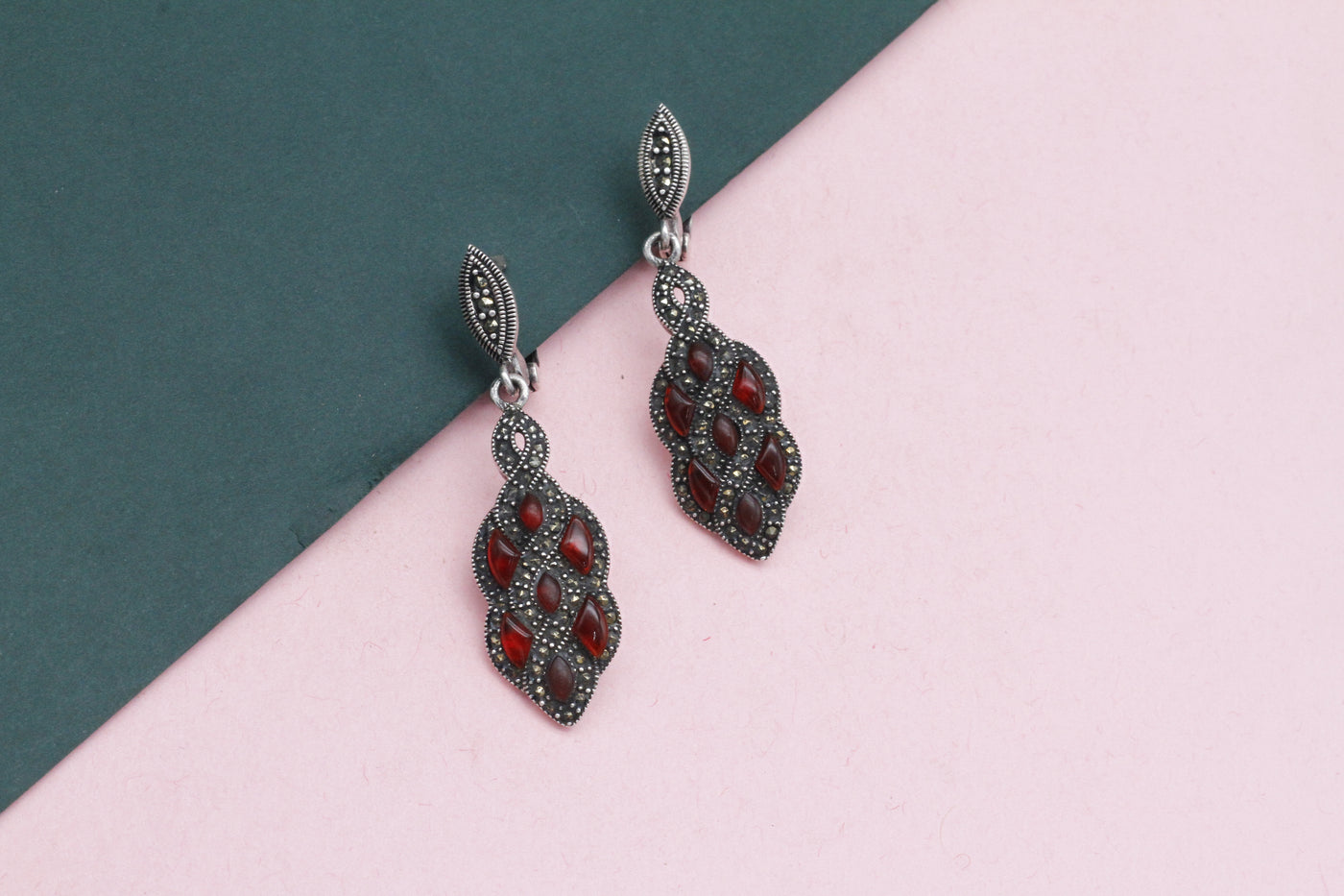 Antique Designed Handmade Red Stone Drop Silver Earring