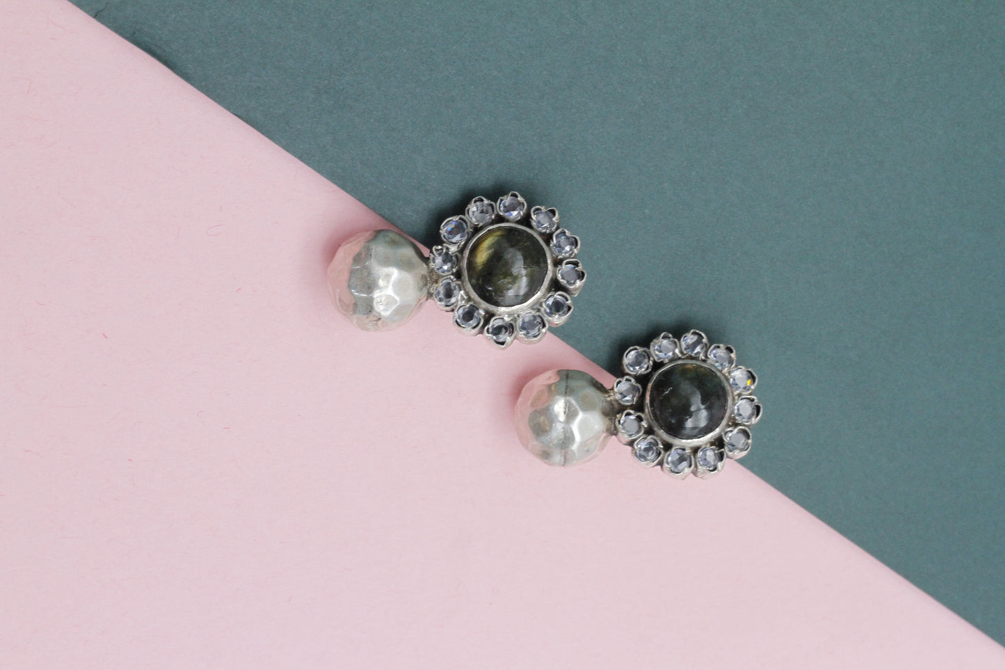 Silver Handcrafted  Labradorite Floral Design Earrings