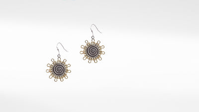 spiral design flower pattern golden tone silver dangler earring