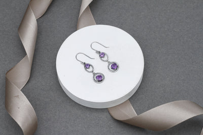 Amethyst gemstone embellished hanging dangle silver earrings