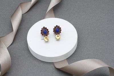 Ruby and Lapis Gemstone Studded Silver Earring