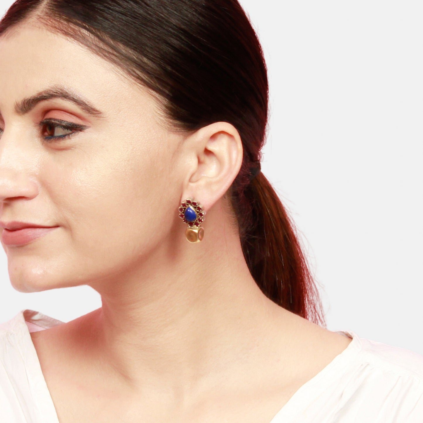 Ruby and Lapis Gemstone Studded Silver Earring