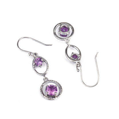 Amethyst gemstone embellished hanging dangle silver earrings