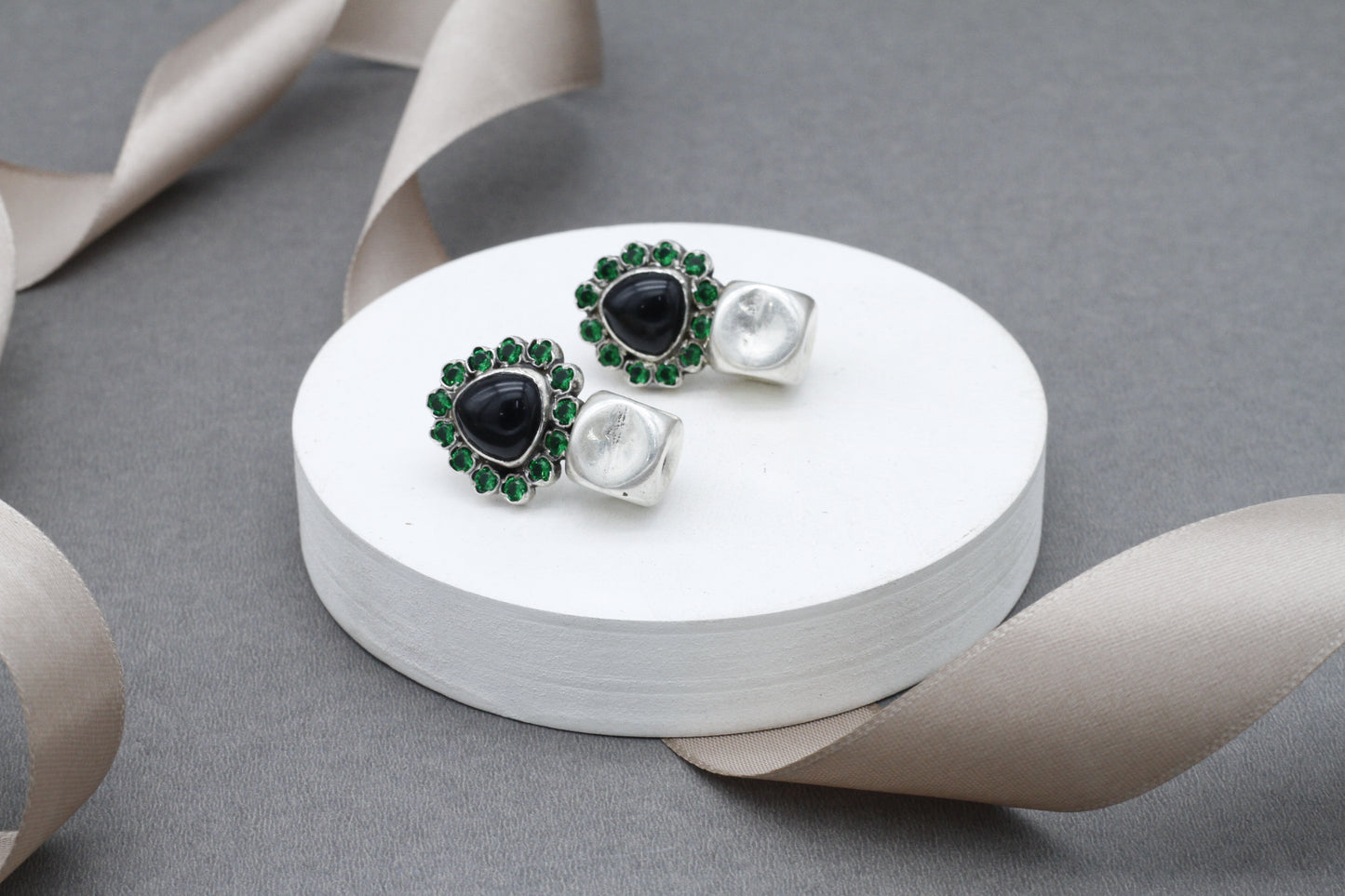 Handcrafted Silver Earring Studded With Onyx Gemstone