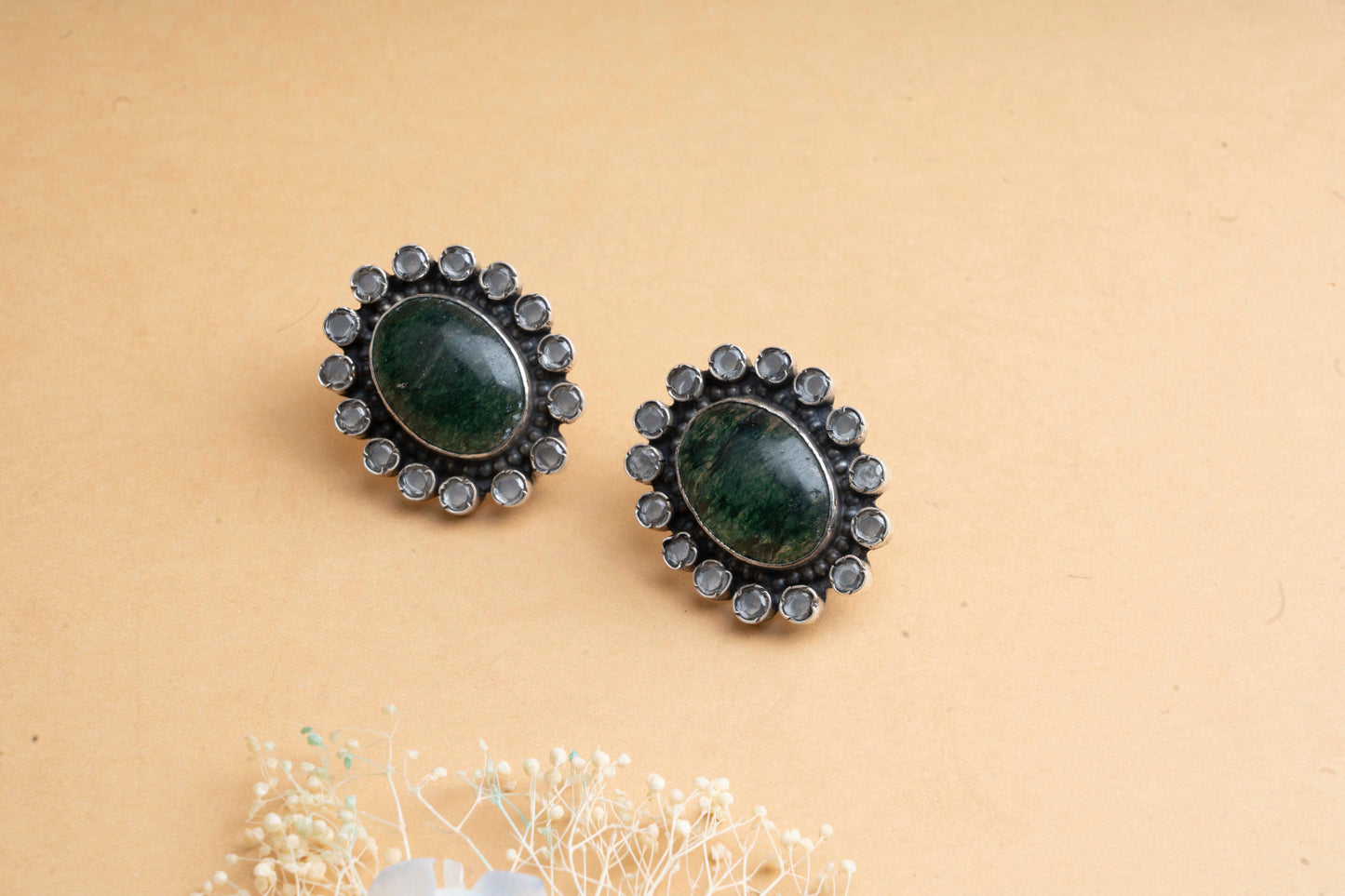 Labradorite & Checker Ovel Shape silver Earring