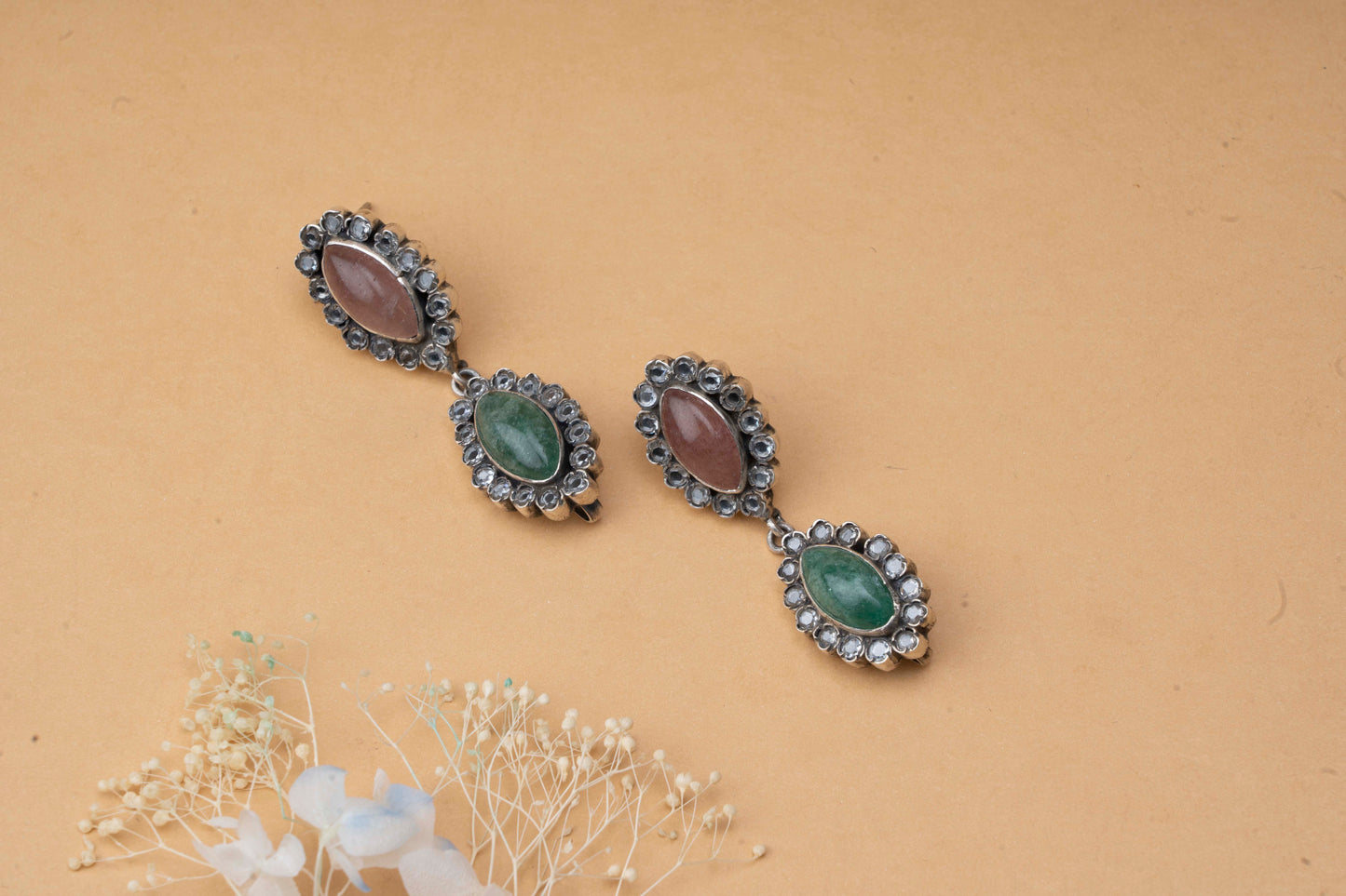 Labradorite & Checker Ovel Shape Hanging silver Earring