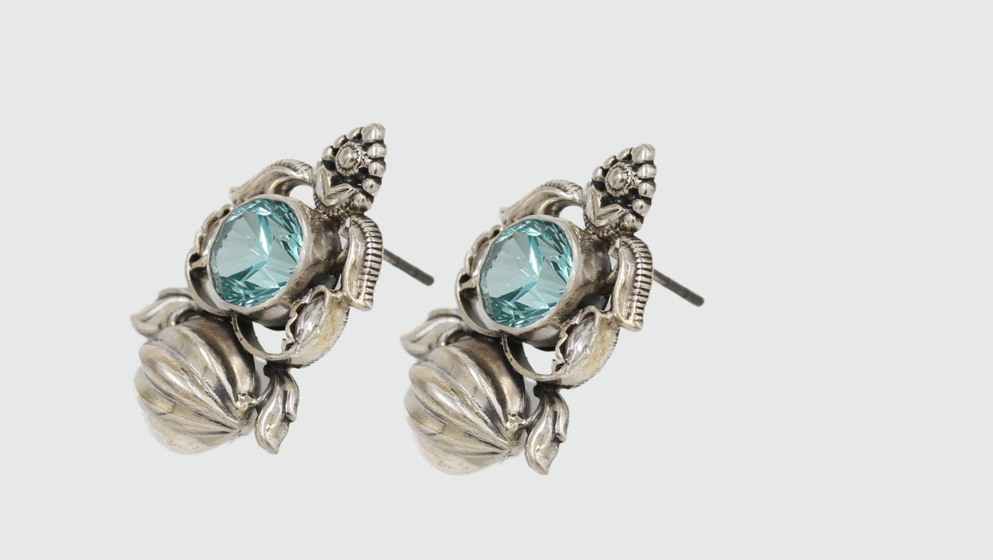 Round Auqa Crystal Handcrafted Silver Earrings