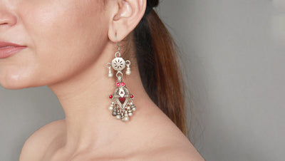 Silver Handcrafted Red Tribal Silver Earrings