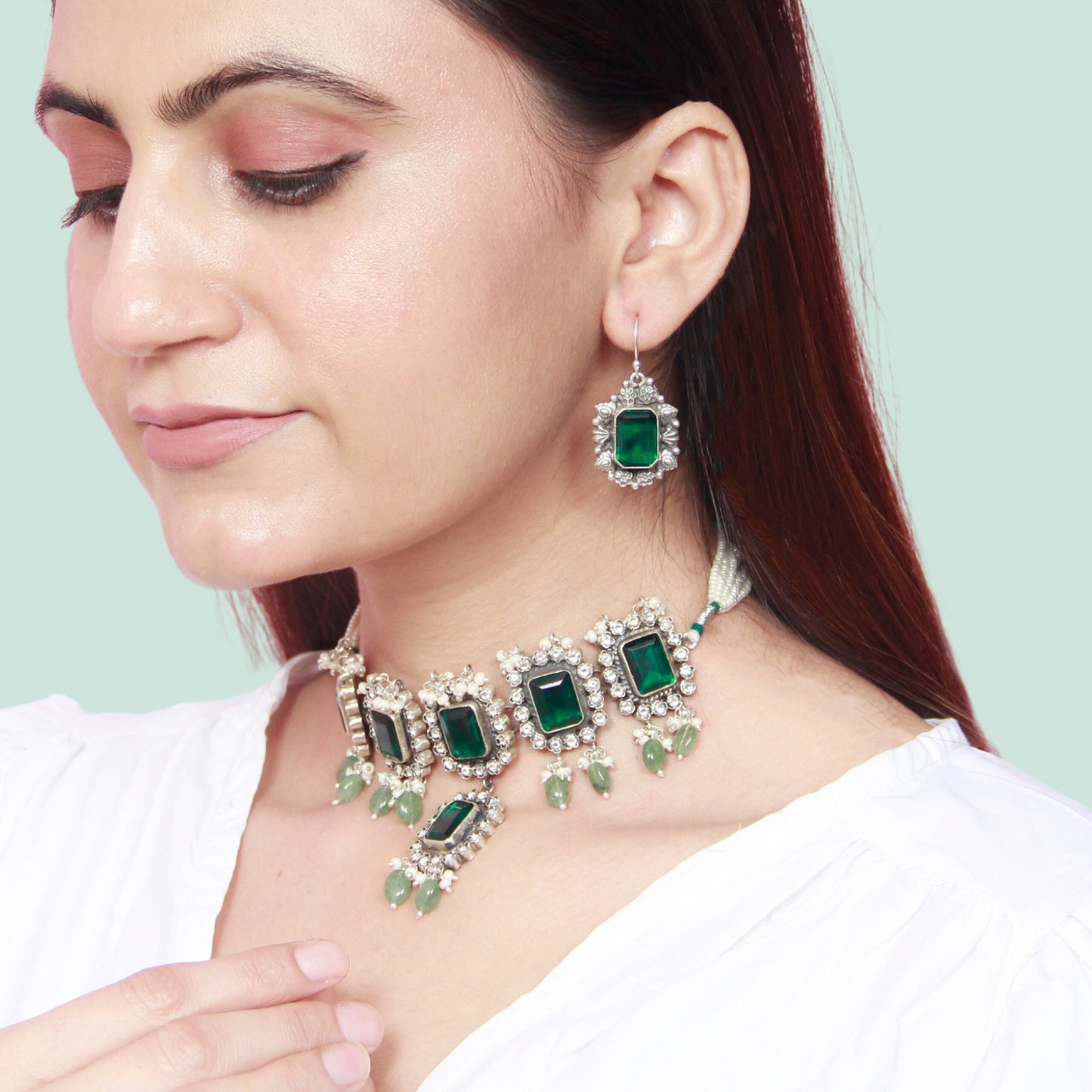 Sangeeta Boochra Silver Necklace with green stone