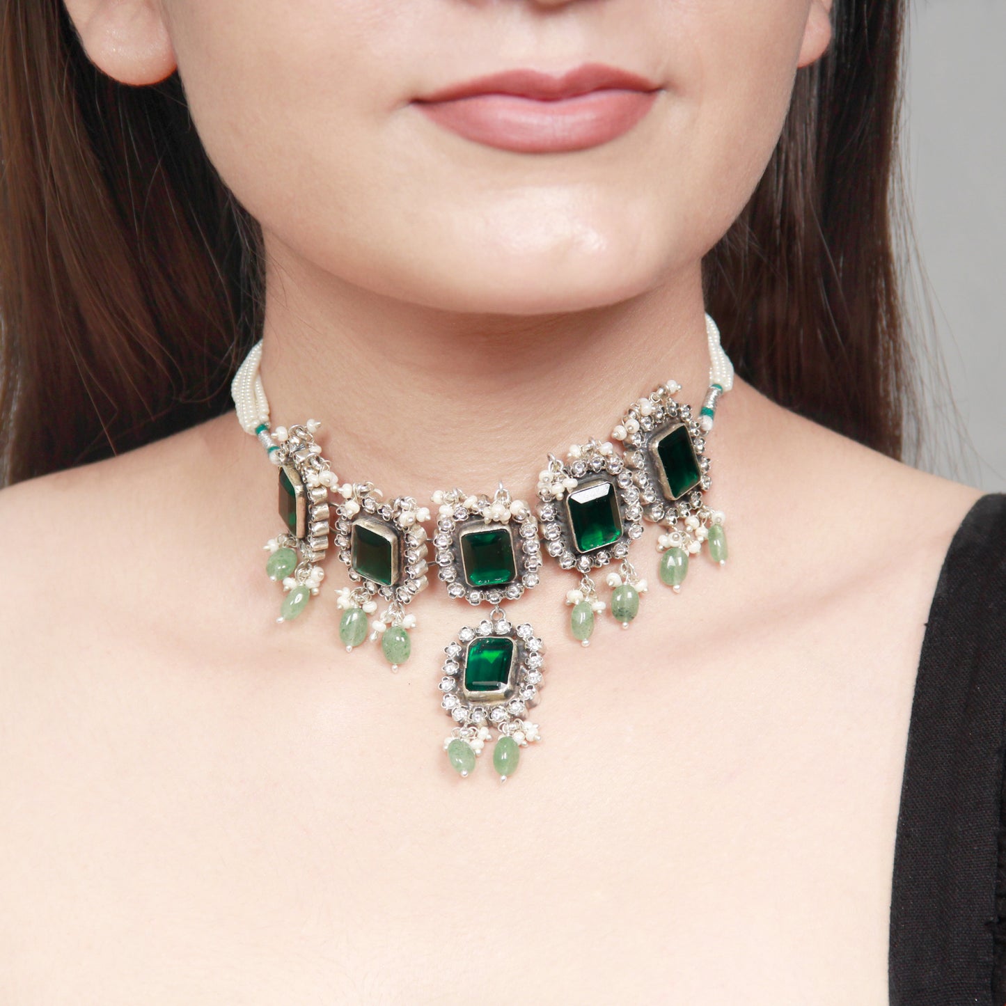 Sangeeta Boochra Silver Necklace with green stone