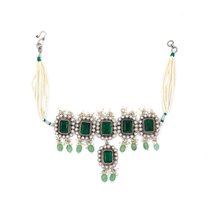 Sangeeta Boochra Silver Necklace with green stone