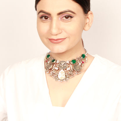 Sangeeta Boochra handcrafted Silver Necklace with green quartz and kundan