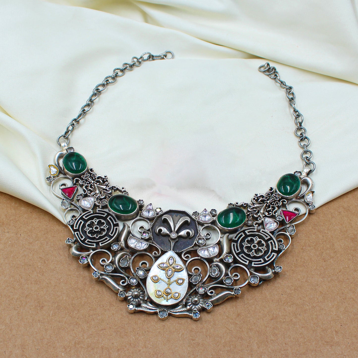 Sangeeta Boochra handcrafted Silver Necklace with green quartz and kundan