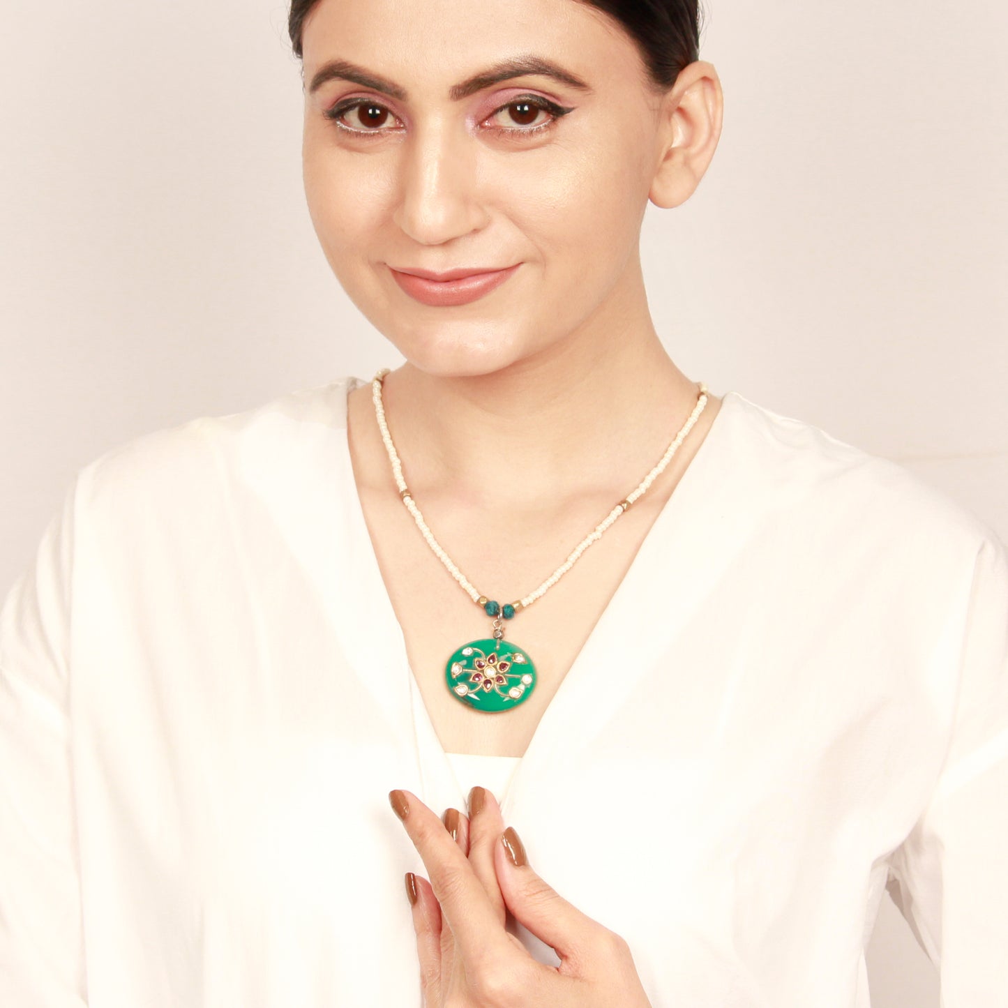 Sangeeta Boochra handcrafted Silver Necklace with green onyx