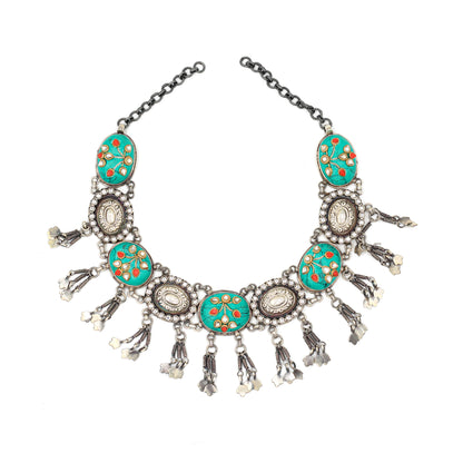 Sangeeta Boochra handcrafted Silver Necklace with turquoise