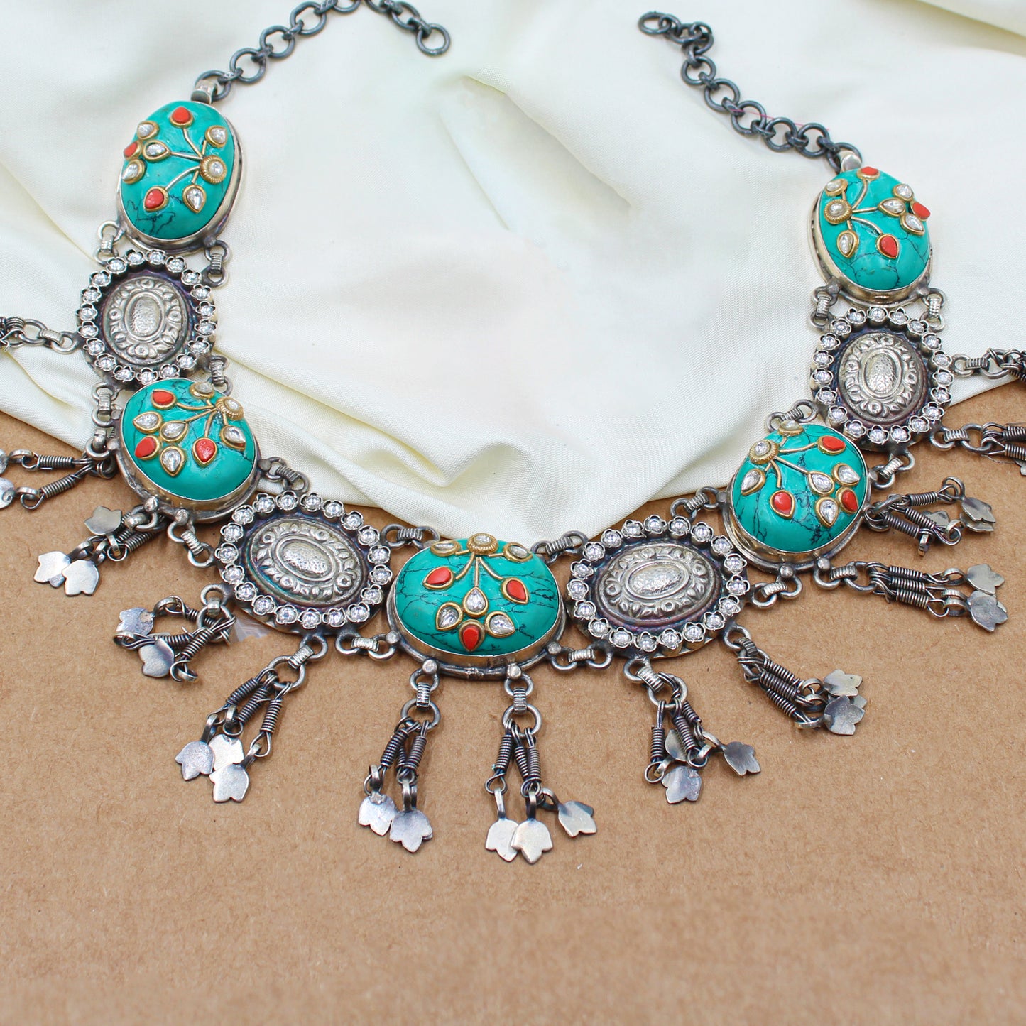 Sangeeta Boochra handcrafted Silver Necklace with turquoise