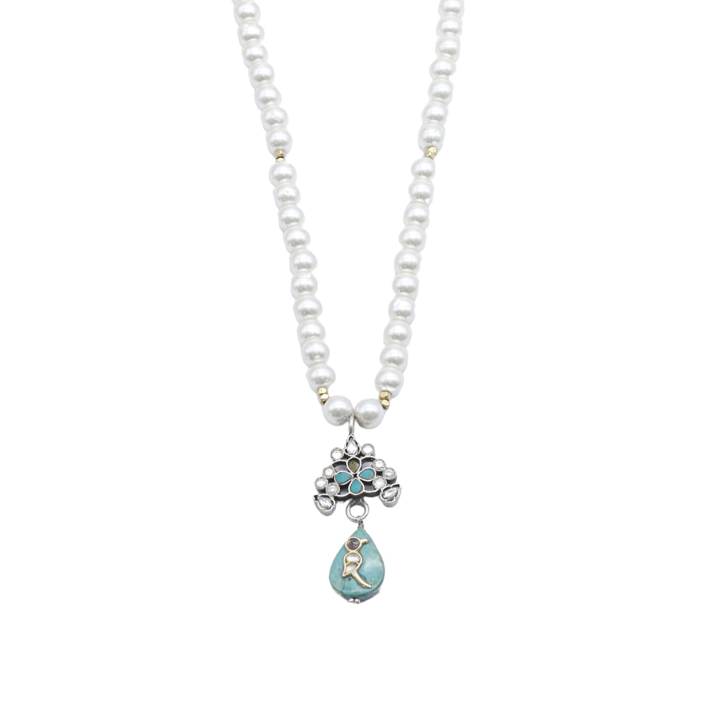 Silver Turquoise Pendant with Pearls Necklace