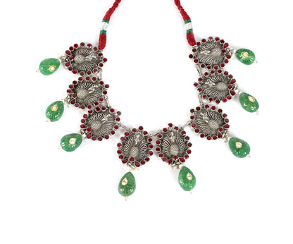 Sangeeta Boochra handcrafted Silver Necklace with Green jade