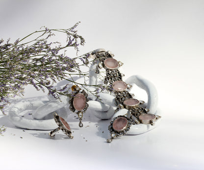 Qurbat Silver Rose Quartz Necklace with Earrings and Ring