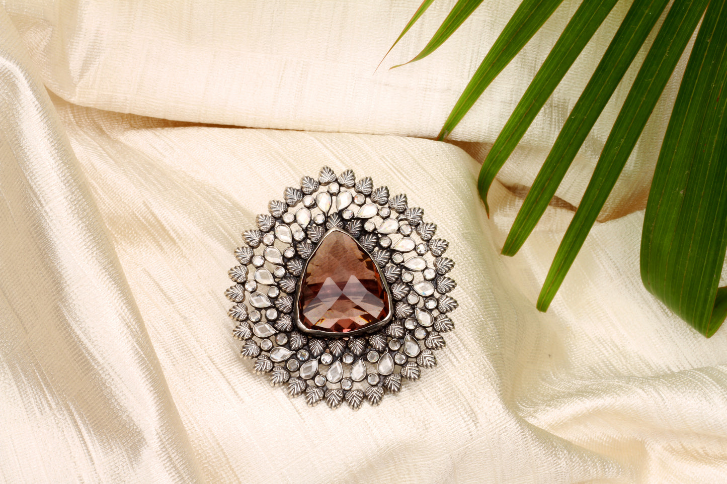 Sangeeta Boochra Silver Oxidised Adjustable Motifs Floral Ring with Triangle Shaped Gemstone