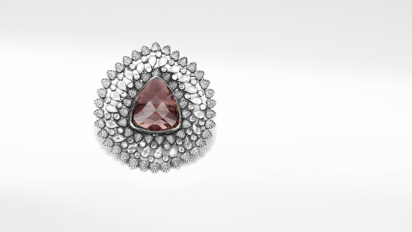 Sangeeta Boochra Silver Oxidised Adjustable Motifs Floral Ring with Triangle Shaped Gemstone