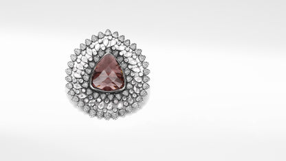Sangeeta Boochra Silver Oxidised Adjustable Motifs Floral Ring with Triangle Shaped Gemstone