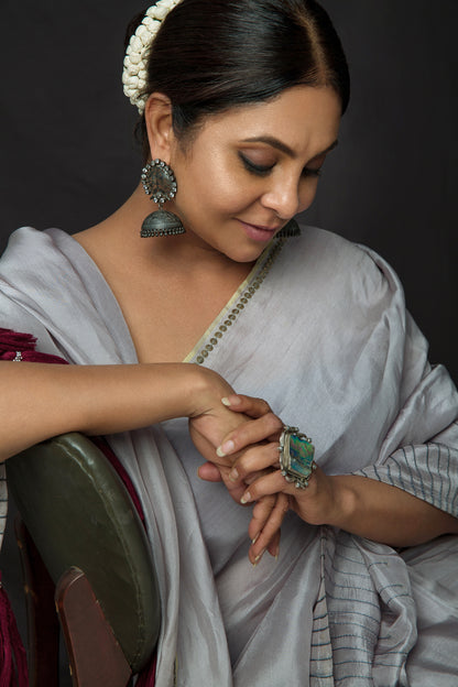 Shefali Shah in Sangeeta Boochra Silver Ring Studded With Mother Of Pearl Stone And Earrings