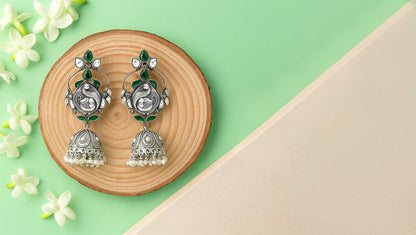 Traditional Silver Earrings with Green Enamel & Pearls | Sangeeta Boochra