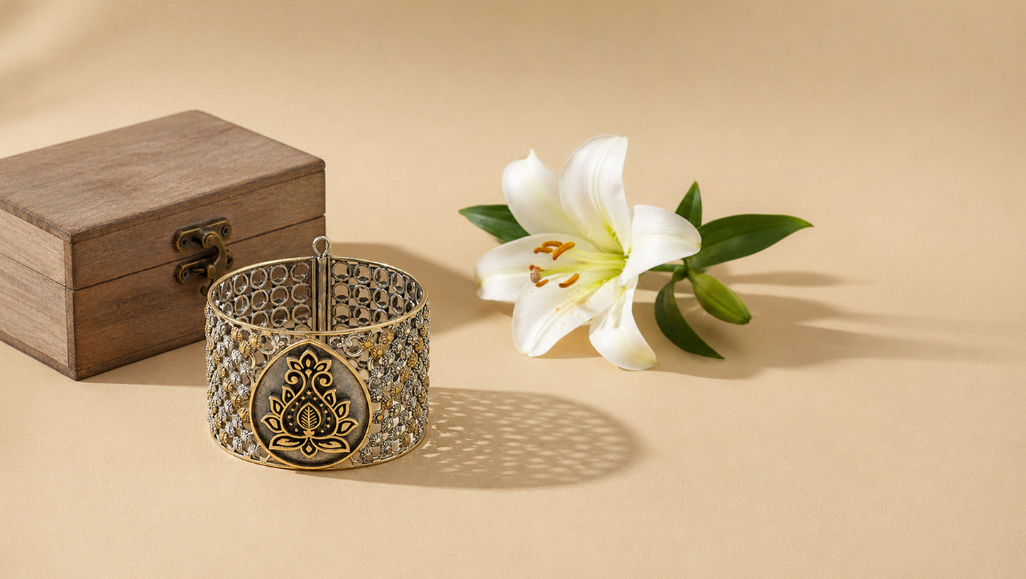 Sangeeta Boochra Heritage Dual-Tone Silver Floral Openable Bangle