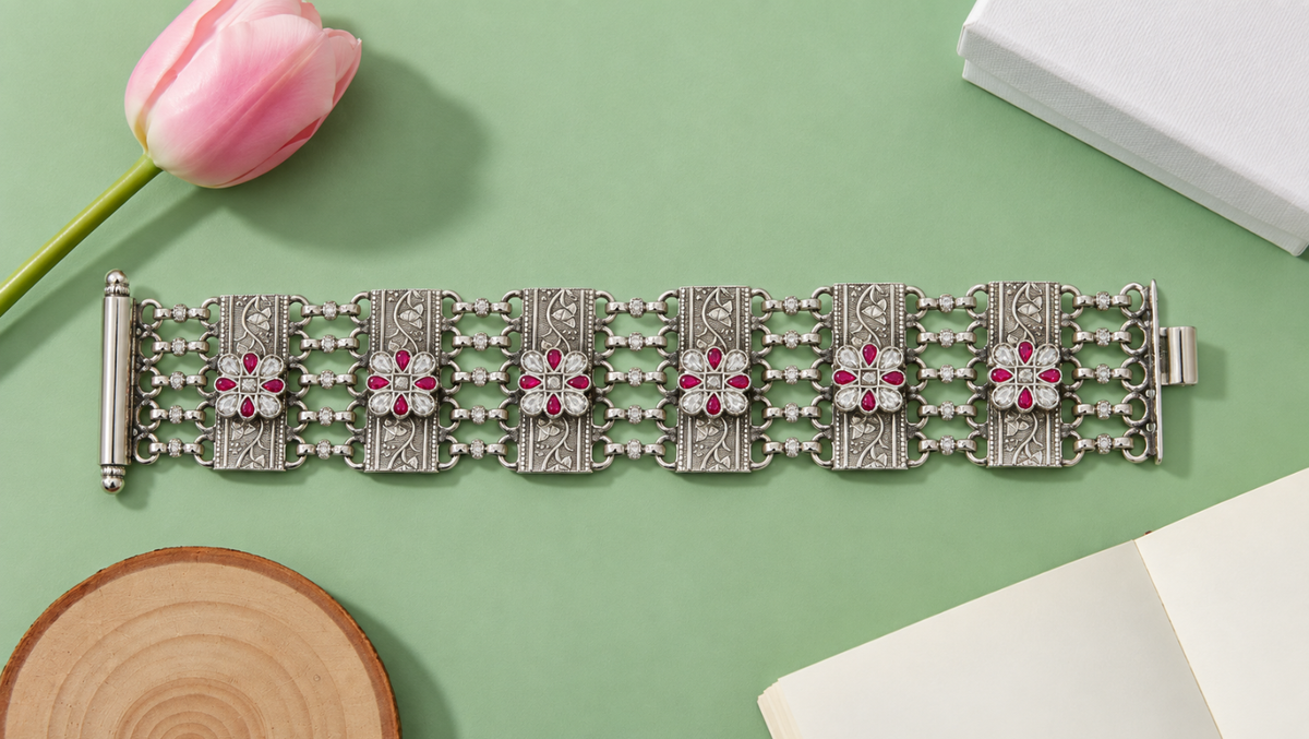 Sangeeta Boochra Heirloom Floral Silver Bracelet