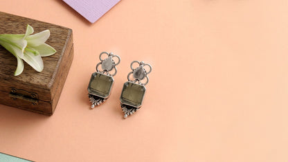 Sangeeta Boochra Heritage Silver Earrings – Floral Motif with Smoky Quartz