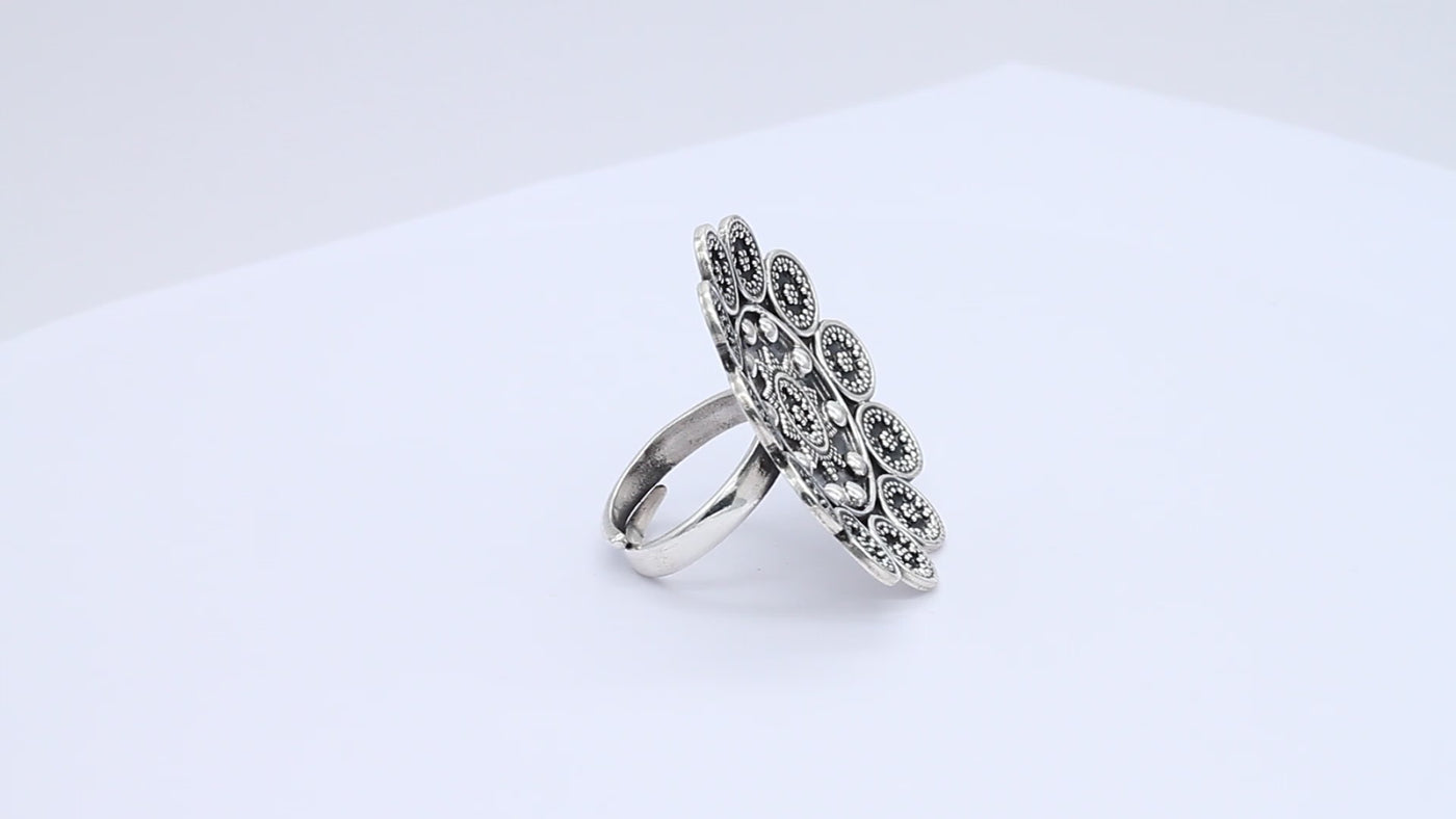 Floral Intricate Oxidized Silver Ring