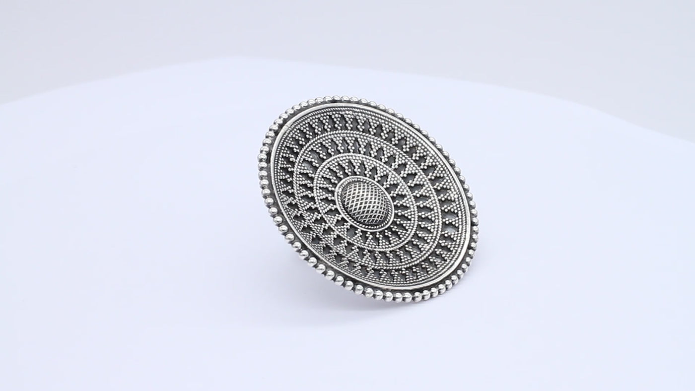 Oxidized Round Floral Design Tribal Ring