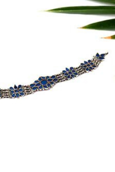 Sangeeta Boochra Blue Tribal Silver Necklace-Necklace-Sangeeta Boochra