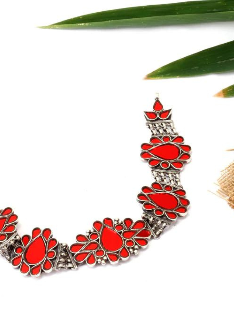 Sangeeta Boochra Red Tribal Silver Necklace-Necklace-Sangeeta Boochra