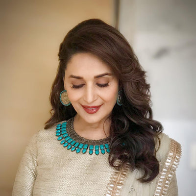 Madhuri Dixit in Turquoise Blue Silver Necklace and Round Earrings-Earrings-Sangeeta Boochra
