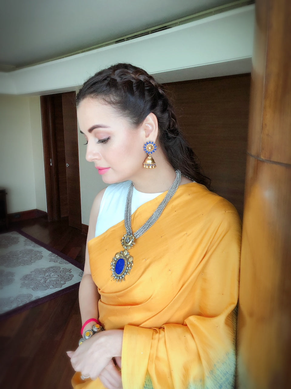 Dia Mirza in Earrings And Necklace With 24k Gold Plated And Cz, Blue Glass Stone-Earrings-Sangeeta Boochra