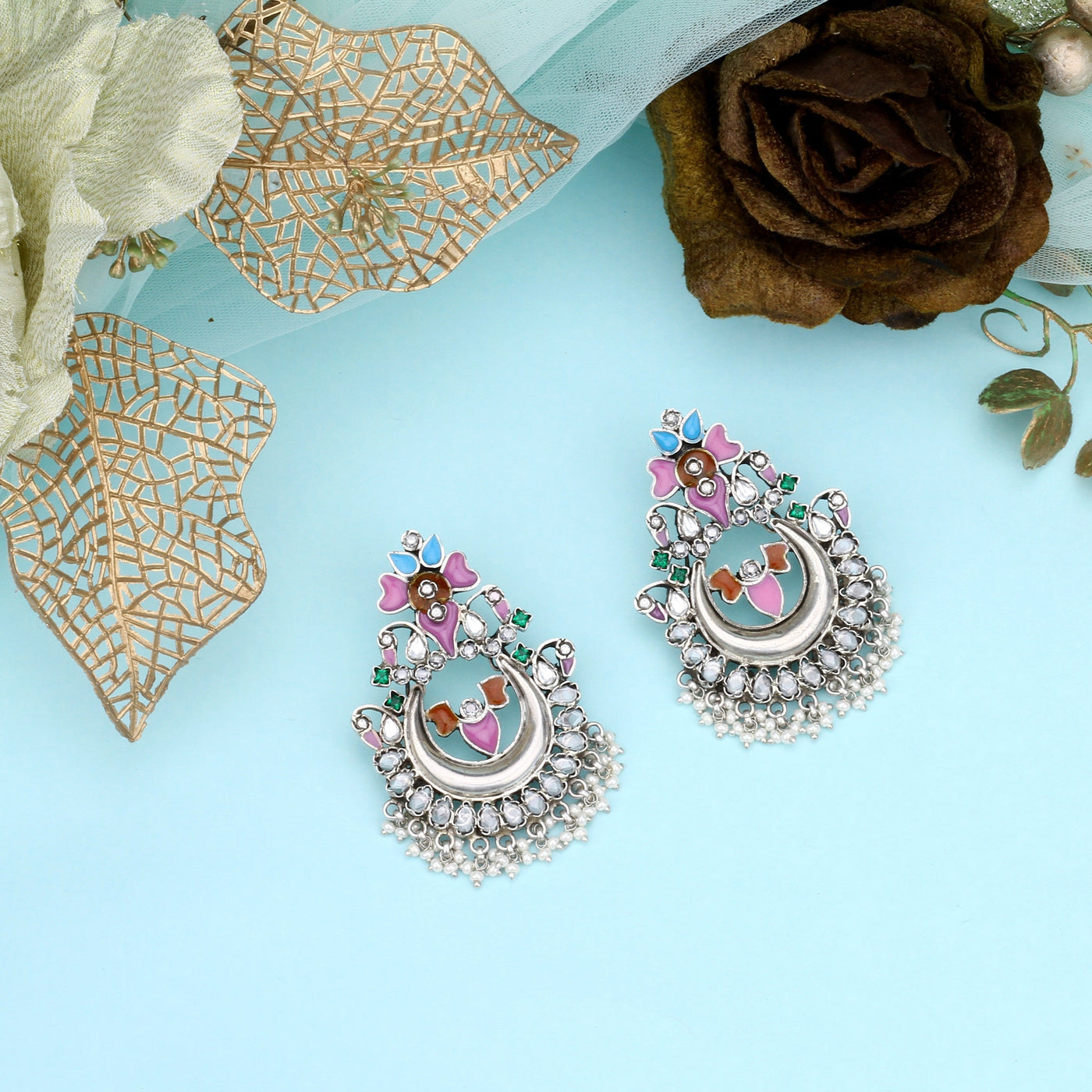 Rhea Chakraborty in silver multicolor chandbalis-Earrings-Sangeeta Boochra