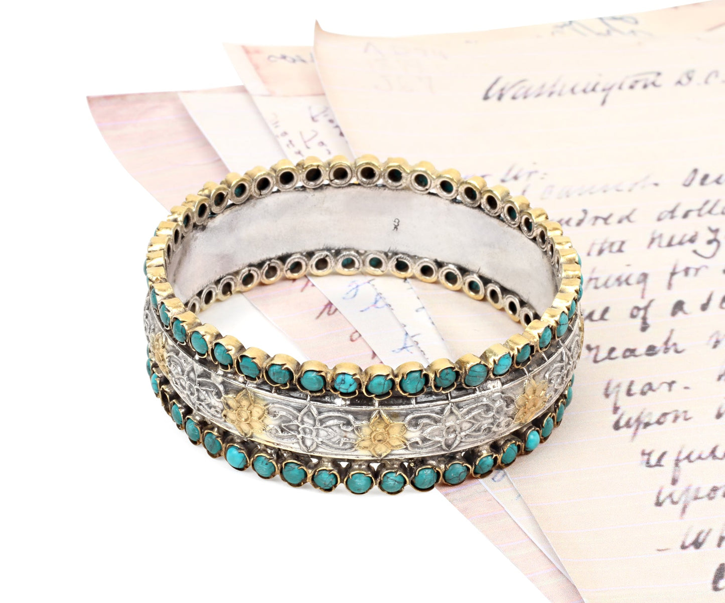 Sangeeta Boochra Dual Tone Silver Bracelet With Turquoise-Bracelets-Sangeeta Boochra