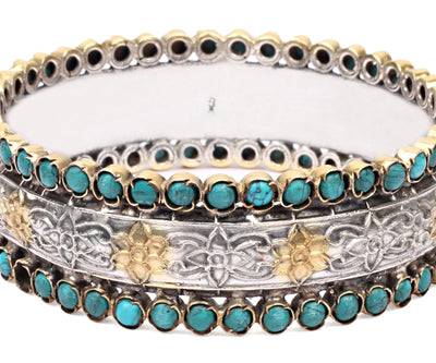 Sangeeta Boochra Dual Tone Silver Bracelet With Turquoise-Bracelets-Sangeeta Boochra