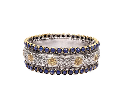 Silver Handcrafted Bracelet with Lapis Lazuli Gemstone and Floral Hand Work-Bracelets-Sangeeta Boochra