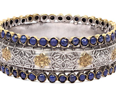 Silver Handcrafted Bracelet with Lapis Lazuli Gemstone and Floral Hand Work-Bracelets-Sangeeta Boochra