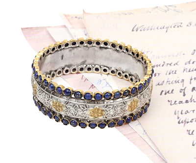 Silver Handcrafted Bracelet with Lapis Lazuli Gemstone and Floral Hand Work-Bracelets-Sangeeta Boochra