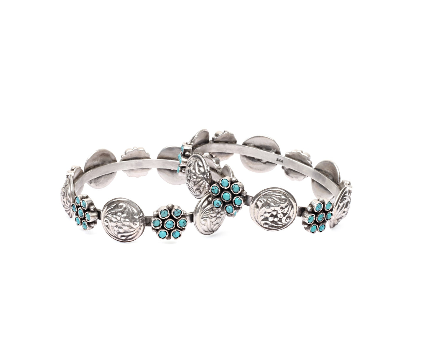 Silver Handcrafted Bracelet with Turquiose Gemstone and Floral Hand Work-Bracelets-Sangeeta Boochra