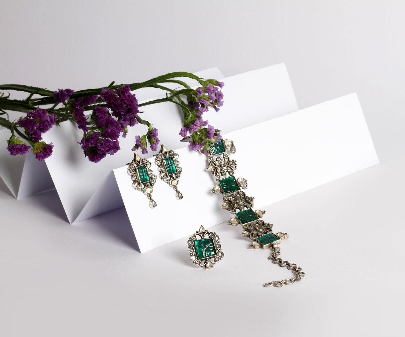 Jadau Emerald Choker, Earrings and Ring Set Crafted in Silver-Sets-Sangeeta Boochra
