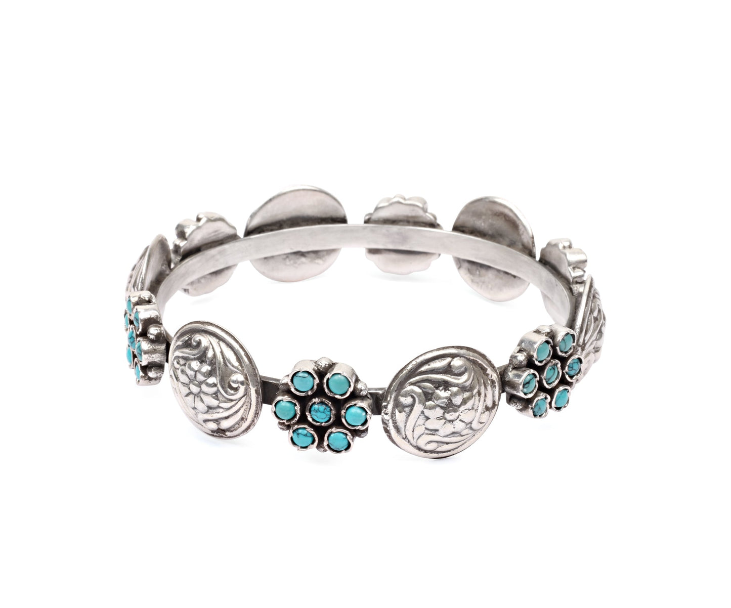 Silver Handcrafted Bracelet with Turquiose Gemstone and Floral Hand Work-Bracelets-Sangeeta Boochra